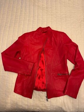 Cherry Red Women's Genuine Leather Moto Jacket